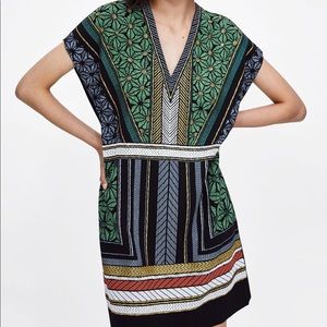 NWT! Zara Short Sleeve Metallic Tunic Mini Dress Black Multicolored Size Small